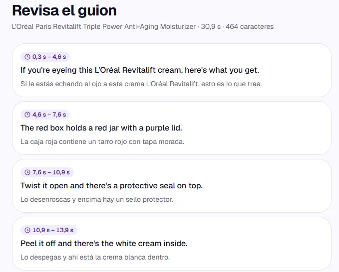 Pantalla de Dublivo para revisar el guion: cada frase en inglés con su traducción al español y su tiempo en el vídeo